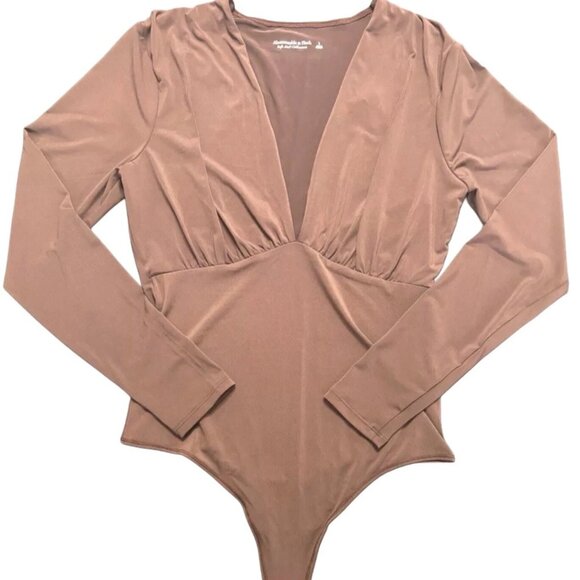 Abercrombie & Fitch Long-Sleeve Chocolate Brown Deep V-neck Bodysuit Size L NWT - Picture 1 of 7